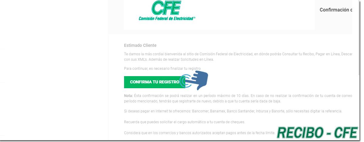 Confirmar registro en a web de CFE